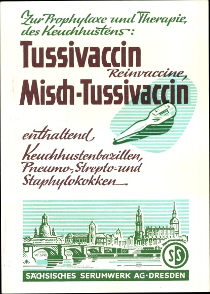 Postcard Dresden, advertising, Sächsisches Serumwerk AG, therapy for whooping cough, Tussivaccin