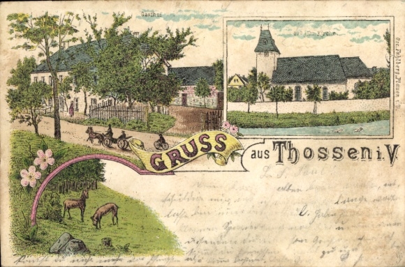 Chromo-Litho Thossen Weischlitz in Vogtland, church, carriage, houses