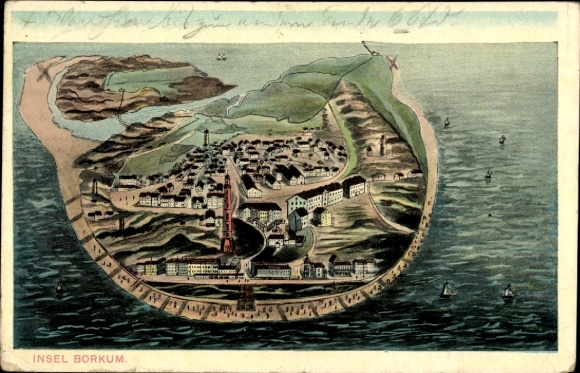 Postcard North Sea resort Borkum in East Frisia, total view, lighthouse
