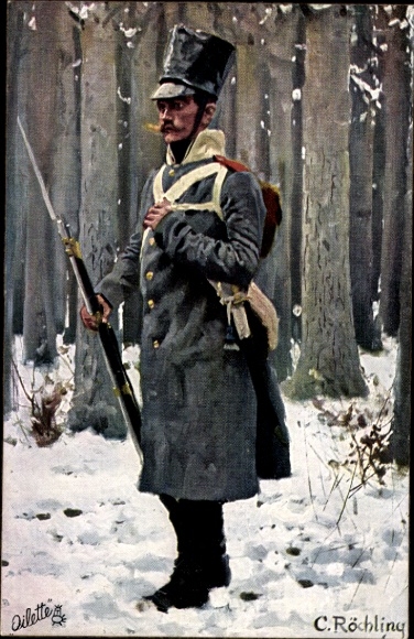 Artist Postcard Röchling, C., Soldier in Uniform with Bayonet