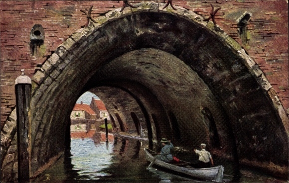 Kunstenaarskaart Gerstenhauer, Johann Georg, Nederlands motief, boot op kanaal, tunnel