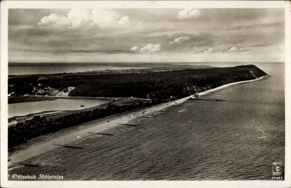Postcard Kölpinsee Loddin on Usedom, aerial photograph from the beach, Klinke No. 11640
