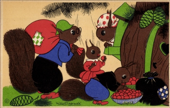 Artist Postcard Schermelé, Willy, squirrel humanized, nuts