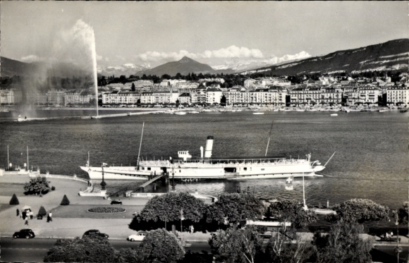 Postcard Geneva Switzerland, La Rade, the Jet d'eau and Mont Blanc, steamship "Simplon"