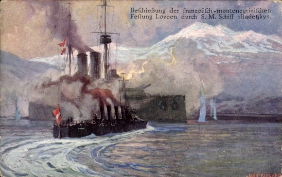 Künstler Ak Beschießung der Festung Lovcen durch S.M. Schiff Radetzky, I. WK