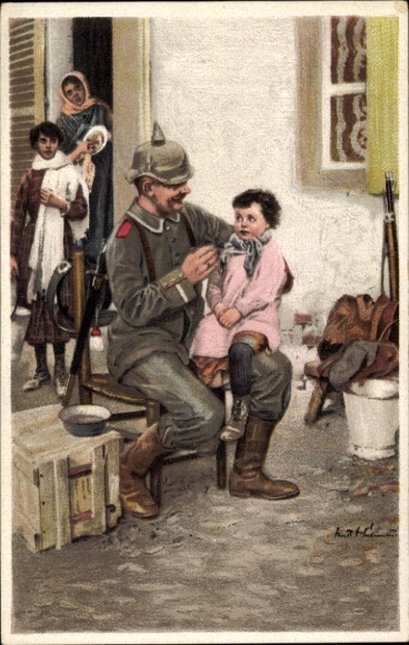 Künstler Ak Heilemann, E., Barbaren, Deutscher Soldat füttert Kleinkind