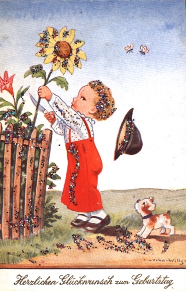 Glitter Artist Postcard Wills, John, Happy Birthday, Boy, Dog