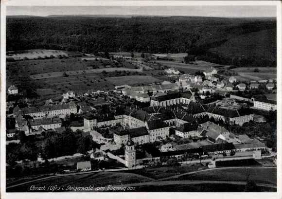 Postcard Ebrach in Upper Franconia in the Steigerwald, aerial photograph, Gasthof Wilz, monastery