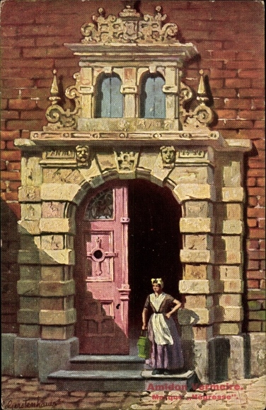 Artist PC Gerstenhauer, JG, woman in Dutch folk costume in front of a house