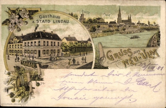 Litho Neu Ulm in Schwaben, Gasthaus zur Stadt Lindau, Stadtpanorama, Ulmer Münster