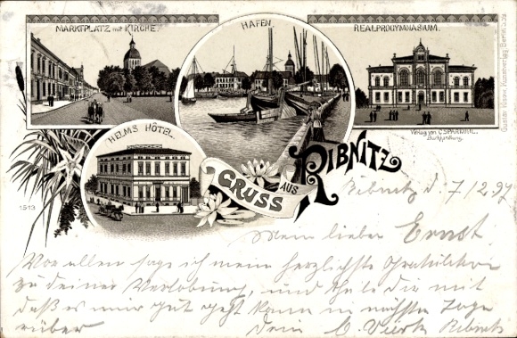 litho Ribnitz in Mecklenburg, haven, Helms Hotel, kerk, middelbare school