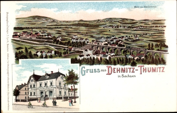 Litho Demitz Thumitz in Sachsen, Gesamtansicht, Blick vom vom Klosterberge, Gemischtwarengeschäft