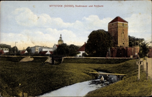 Postcard Wittstock Dosse in Ostprignitz, city wall and office tower