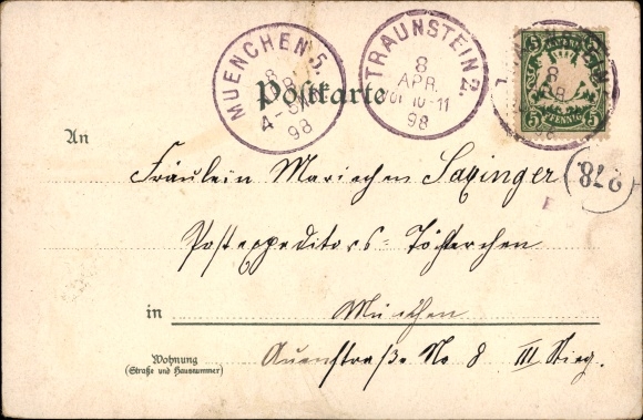 litho Traunstein in Opper-Beieren, totaalaanzicht, fontein, zeem