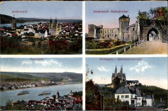 Ak Remagen am Rhein, Andernach, Schloßruine, Remagen, Apollinariskirche