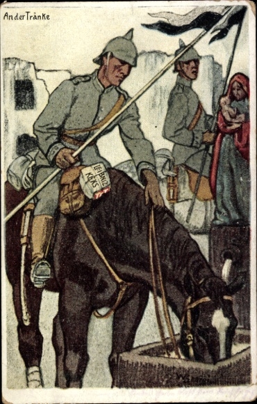 Artist Postcard Georgi, W., advertising, Leibniz biscuit, German soldier with horse at the watering place, I World War