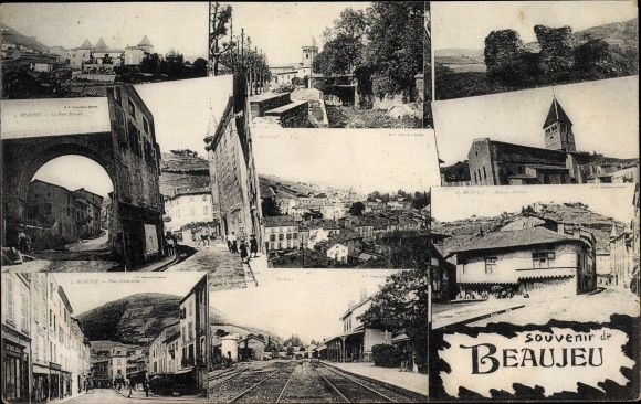 Postcard Beaujeu Rhône, The Station, Church, General view