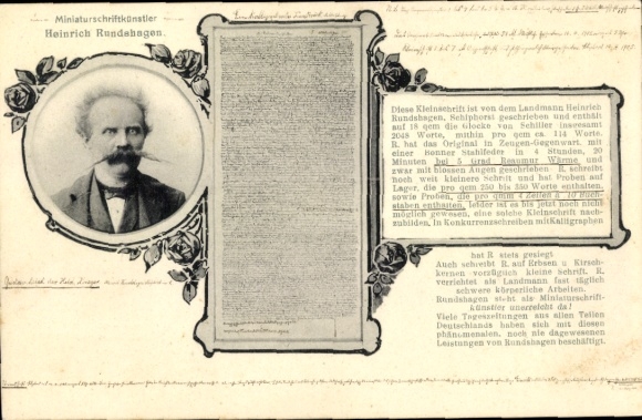 Postcard Schiphorst in the Duchy of Lauenburg, miniature calligrapher Heinrich Rundshagen, Schiller's Bell