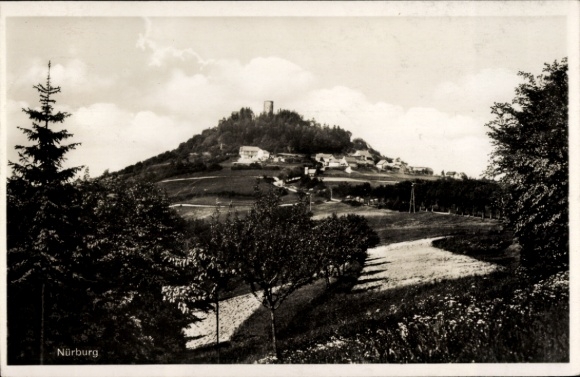 Postcard Nürburg in the Eifel, Nürburg on the hill, panoramic shot, landscape with trees and st...