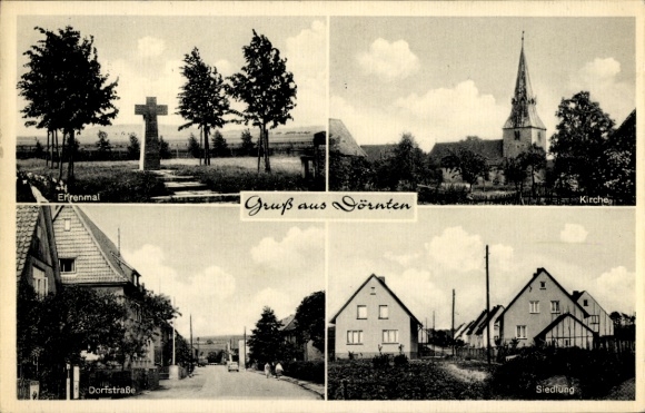 Postcard Dörnten Liebenburg, memorial, church, village street, settlement