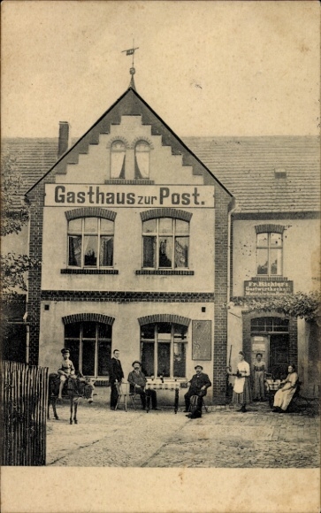 Ak Drohndorf Aschersleben im Salzlandkreis, Gasthaus zur Post, Gäste, Kind auf einem Esel