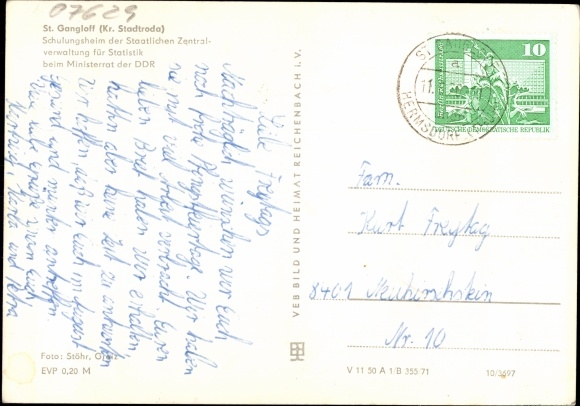 Postcard St. Gangloff in Thuringia, training home of the state. Central Administration for Statistics