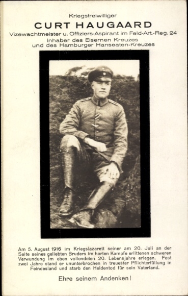 PC War Volunteer Curt Haugaard, Iron Cross, Hamburg Hanseatic Cross, Mourning Card 1916