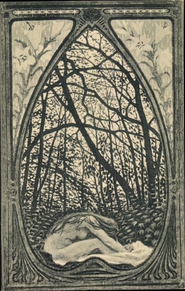 Artist PC Fidus, twilight waves, sleeping woman, forest
