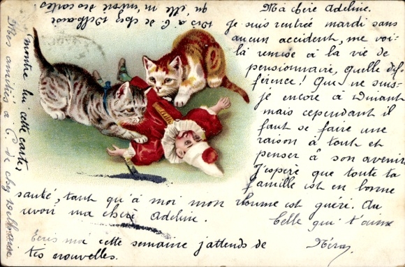 Litho Katzen spielen mit Hampelmann