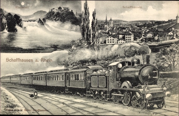 Ak Schaffhausen am Rhein Schweiz, Gesamtansicht, Rheinfall, Eisenbahn, Dampflokomotive