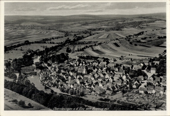 Postcard Oberriexingen in Württemberg, aerial photograph, picturesque landscape, river, residential buildings, moderate