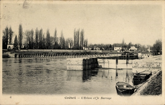 Postcard Créteil Val de Marne, bridge, dam, flowing water, boats, trees, buildings, black and white