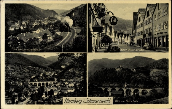 Ak Hornberg in het Zwarte Woud, Adolf Hitlerstraat, Zwarte Woudspoorweg, Panorama, Viaduct, Gauschule