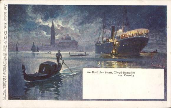 Artist Postcard steamer of the Austrian Lloyd in front of Venice