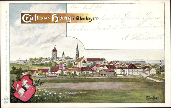 Artist PC Ronfort, Haag in Upper Bavaria, view of the town, city coat of arms