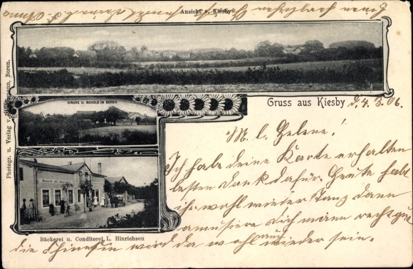 Ak Kiesby Boren in Schleswig Holstein, Kirche, Schule, Bäckerei und Konditorei von L. Hinrichsen