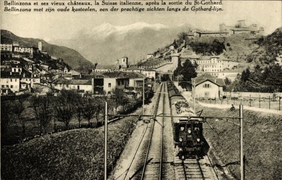 Postcard Bellinzona Canton Ticino, Gotthard Railway travelling through the town