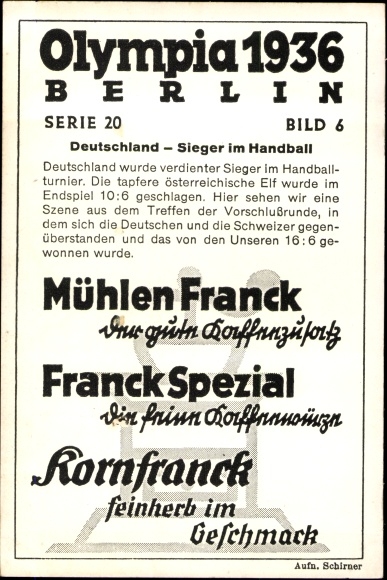 Collection picture Olympia 1936, Germany winner in handball, Mühlen Franck coffee additive