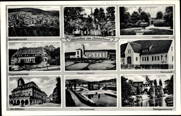 Ak Menden in Sauerland, jeugdherberg, gemeentehuis, zwembad, hoeve, middelbare school, kapel
