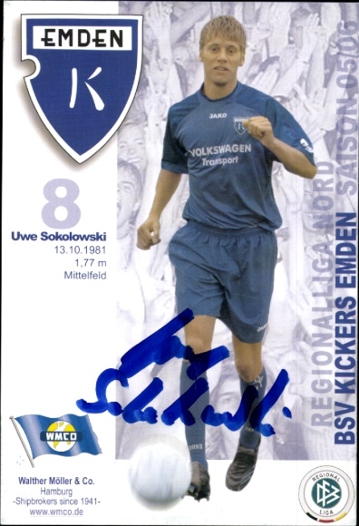 Autogrammkarte Fußballer Uwe Sokolowski, BSV Kickers Emden, Autogramm