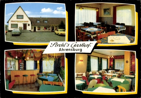 Ak Ahrensburg in Holstein, Strehl's Gasthof, Außenansicht, Innenräume, Tischdekoration