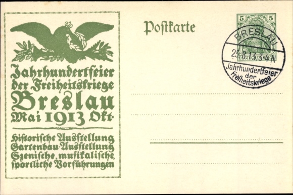 Briefpapier ansichtkaart Wrocław Breslau Silezië, eeuwfeest 1913, bevrijdingsoorlogen