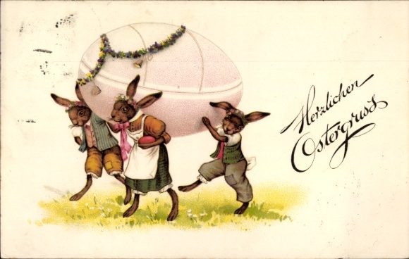 Litho Glückwunsch Ostern, drei Osterhasen mit Osterei