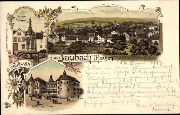Chromo-Litho Laubach in Hesse, war memorial, Count&#39;s Castle, view of the town