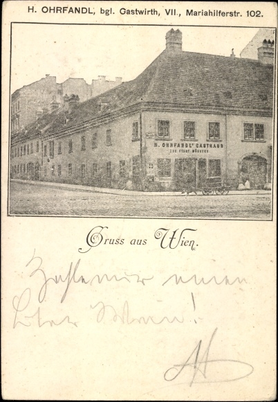 Postcard Wien 7. New Austria building, inn by H. Ohrfandl, Zur Stadt München, Mariahilferstraße 102