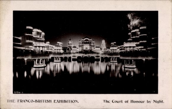 Postcard London City England, The Franco-British Exhibition, The Courtyard at Night