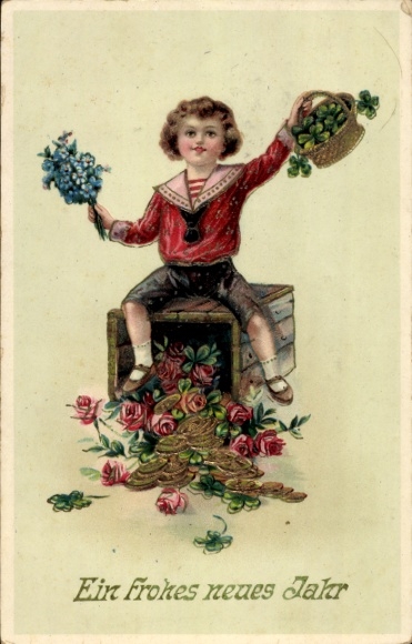 PC Happy New Year, boy, clovers, coins