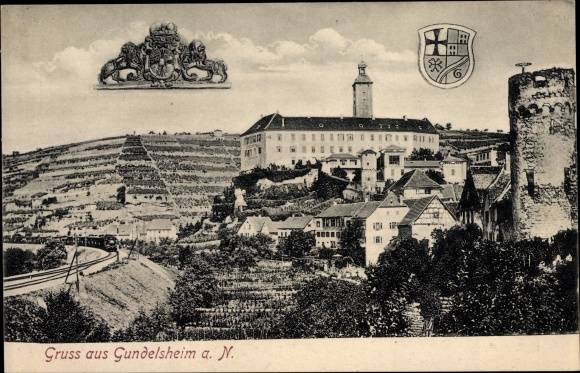 PC Gundelsheim am Neckar Württemberg, view of the town with castle, railway, coat of arms