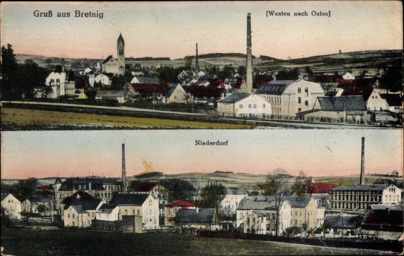 Postcard Bretnig Hauswalde in Saxony, panorama, Niederdorf, looking east