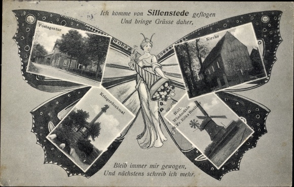 Butterfly Postcard Sillenstede Schortens in Friesland, post office, church, windmill, war memorial